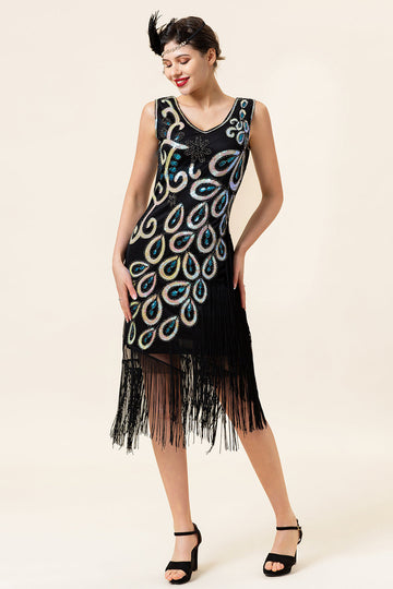 Preto e Azul Fringes 1920s Vestido Com 20s Acessórios Set
